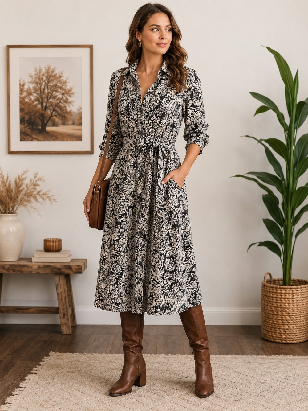 Ann Taylor Size 4 Black Cream Paisley Belted Midi Shirt Dress